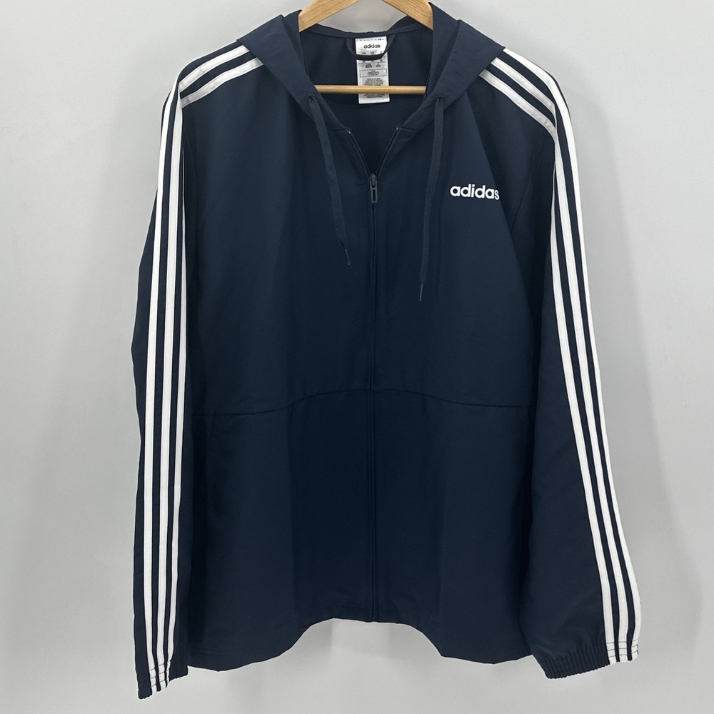 Mens Adidas Track Jacket Classic Navy Blue Full Zip Size XL Front Pockets Hood